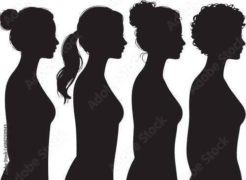 a sign of several female silhouettes in profile. vector on isolated background. turn. number. diversity young women for poster or text. elegant background as well.