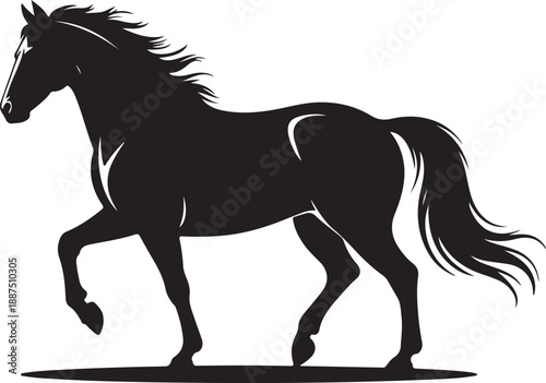 A silhouette of a running horse
