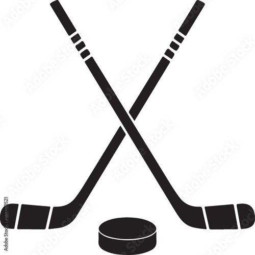 A vector illustration of two crossed hockey sticks and a puck