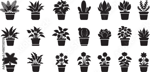 Collection of Detailed Potted Houseplant Silhouette Icons Featuring Diverse Foliage, Succulents, and Flowering Plants for Interior Design