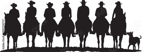 A vector silhouette three cowboys and one cowgirl riding horses and one cowboy is walking and leading a horse. There are also two cow dog silhouettes.