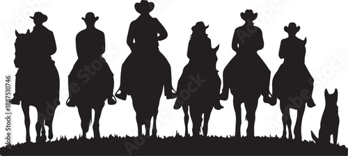 A vector silhouette three cowboys and one cowgirl riding horses and one cowboy is walking and leading a horse. There are also two cow dog silhouettes.