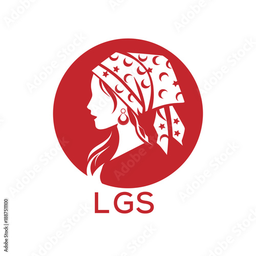 LGS Red Hijab Woman. LGS Logo with Traditional Pattern  Elegant Muslim Female Silhouette. LGS Islamic Fashion and Cultural Branding.
