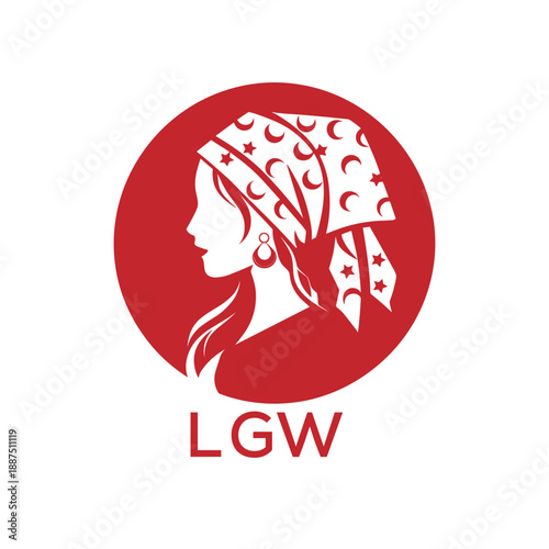 LGW Red Hijab Woman. LGW Logo with Traditional Pattern  Elegant Muslim Female Silhouette. LGW Islamic Fashion and Cultural Branding.

