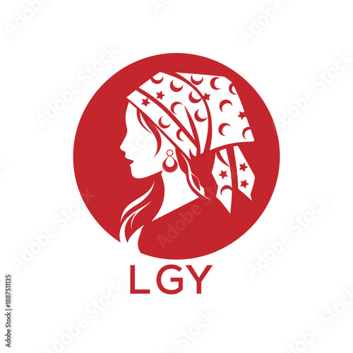 LGY Red Hijab Woman. LGY Logo with Traditional Pattern  Elegant Muslim Female Silhouette. LGY Islamic Fashion and Cultural Branding.
