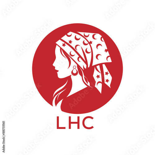 LHC Red Hijab Woman. LHC Logo with Traditional Pattern  Elegant Muslim Female Silhouette. LHC Islamic Fashion and Cultural Branding.
