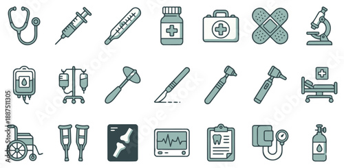 21 General Medical and Hospital Equipment Line Icons Set