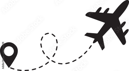 Airplane dotted route line the way airplane. Set. Flying with a dashed line from the starting point and along the path