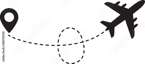 Airplane dotted route line the way airplane. Set. Flying with a dashed line from the starting point and along the path