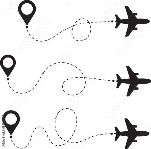 Airplane dotted route line the way airplane. Set. Flying with a dashed line from the starting point and along the path