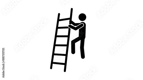 Pictogram of a man climbing a ladder, simple black silhouette icon on white background.