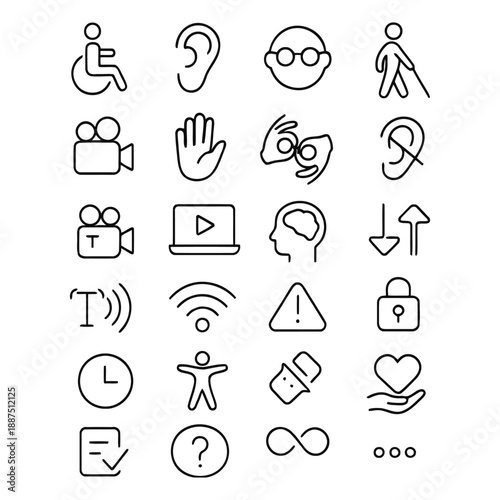 Collection of simple black line icons representing accessibility and technology on a plain white background as seen in 1 (111).eps