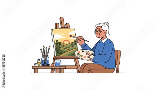 Elderly woman artist painting a sunset landscape on canvas easel.