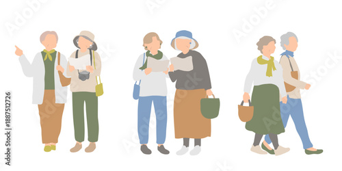 女性同士で観光を楽しむアクティブシニアのイラスト