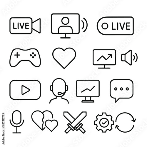 Collection of simple line icons representing live streaming, gaming, and social media interactions in a digital environment, viewed from a straightforward perspective, as seen in '1 (105).eps'