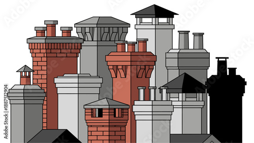 Collection of classic rooftop chimneys in various architectural styles.