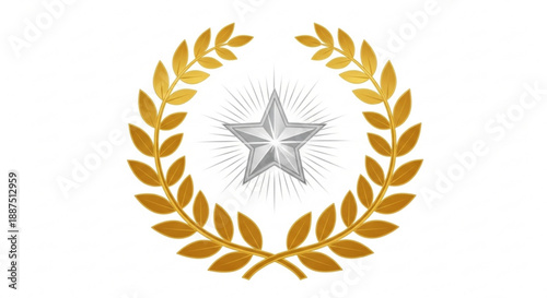 Golden laurel wreath with silver star emblem on white background symbolizing achievement and excellence in a circular award design