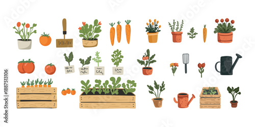 vegetable gardening scene with boxes tools and seedlings