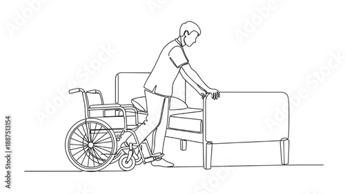 High-Quality Continuous Line Art of Safe Wheelchair to Bed Transfer with Assisted Mobility Care