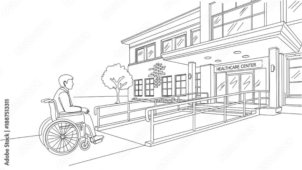 Fototapeta premium High-Quality Continuous Line Art of Person Using Accessibility Ramp to Enter Healthcare Building