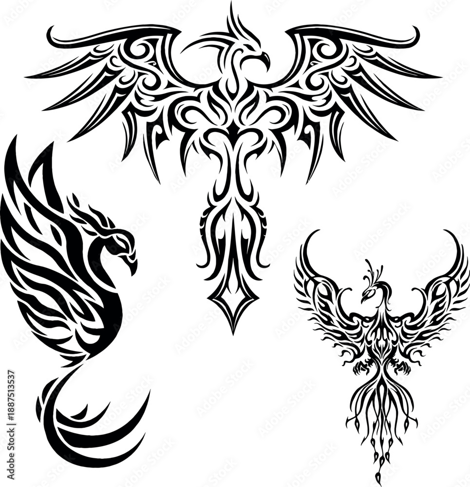 Fototapeta premium Mythical Phoenix Firebird Rising Tattoo Designs and Winged Symbols