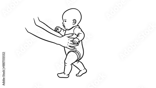 Baby Taking First Steps with Parent Support Line Art
