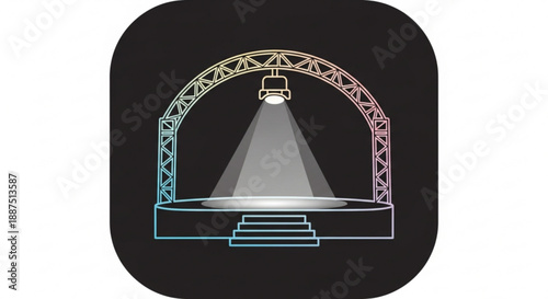 Theatrical stage with spotlight and rainbow arch performance setup with stairs bright beam on dark background
