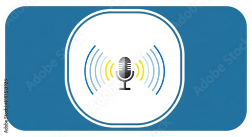 Audio signal waves emanating from a microphone icon on a blue background for podcast or voice recording concepts