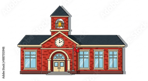 Classic red schoolhouse building with clock tower and bell black roof and yellow accents