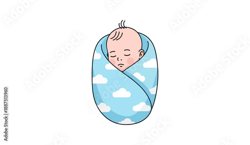 Cute sleeping newborn baby swaddled in a blue cloud pattern blanket.