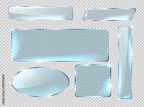 Glass plates set on transparent background. Acrylic and glass texture with glares and light. Realistic transparent glass window in rectangle frame.