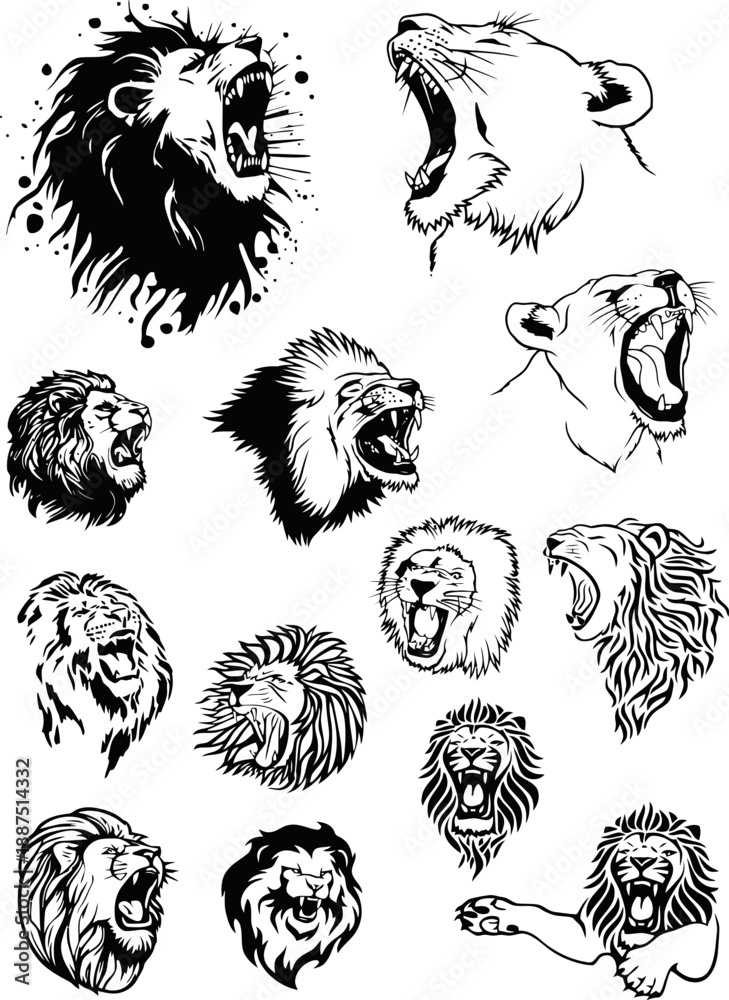 Fototapeta premium Roaring Lion Head Vector Set for Tribal Tattoo and Logos