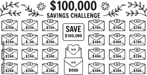 Conjunto de íconos de ahorro en estilo gráfico. reto, sobres, dinero, meta, cantidad, planificación, trazo editable