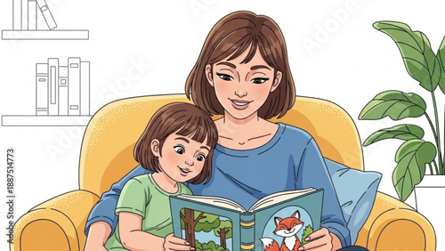 Mother Reading Storybook to Daughter on Yellow Sofa in Cozy Living Room