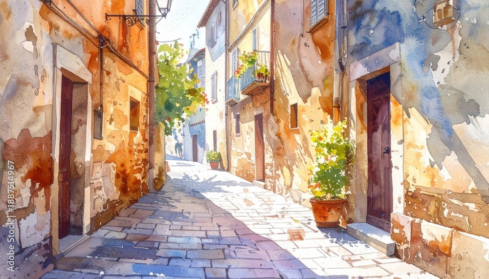 Obraz premium Watercolor depicts a sunlit European alley with aged buildings and a street