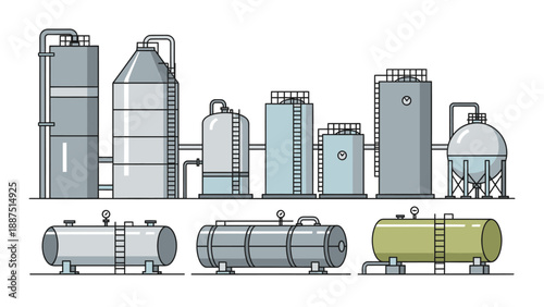 Vector illustration set of industrial storage tanks, silos and pressure vessels for oil refineries or chemical plants.