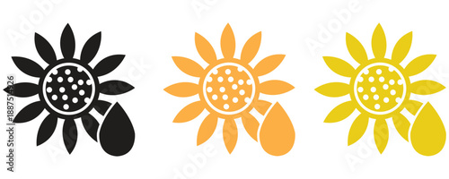 Sunflower oil icon vector set, black and yellow sunflower oil icons in trendy flat style illustration isolated on white background.