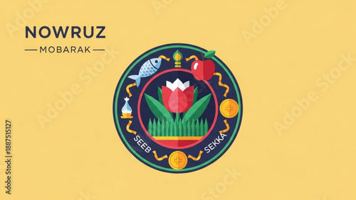 Nowruz Celebration Logo with Tulip and Fish on Yellow Background
