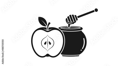 Silhouette vector illustration of a cut apple and a honey pot with a wooden spoon on a white background.
