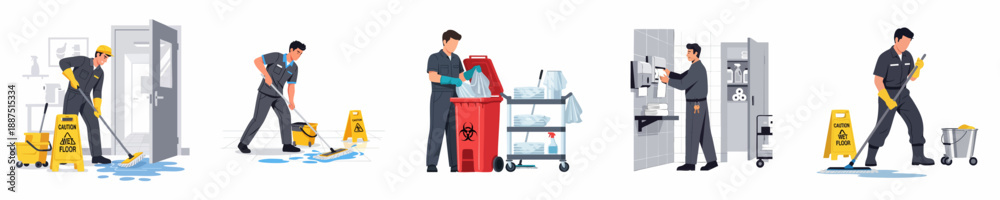 Fototapeta premium Professional Janitorial Services Vector Set: Depicting cleaning staff mopping floors, managing wet floor hazards, restocking supplies, and handling biohazard waste in facility maintenance operations.