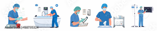 Healthcare Professionals Performing Various Medical Tasks Including Surgery Prep, Hygiene, Wound Care, and Patient Monitoring in a Hospital Setting.