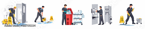 Professional Janitorial Services Vector Set: Depicting cleaning staff mopping floors, managing wet floor hazards, restocking supplies, and handling biohazard waste in facility maintenance operations.