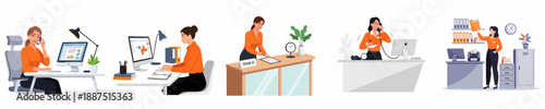 Collection of female professionals performing diverse administrative, customer service, and reception tasks in an office environment.