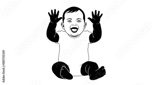 Vector illustration of a happy and laughing baby boy with raised arms in black and white line art style.