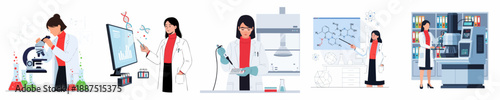 Female scientists and researchers conducting experiments, analyzing DNA, working with chemistry, using microscopes, and operating laboratory equipment in various research settings.