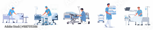 Healthcare workers performing essential duties related to patient beds and medical equipment maintenance in a hospital setting. Vector illustration.