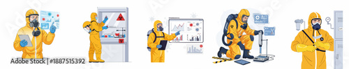 Set of illustrations featuring professionals in yellow protective suits conducting biohazard research, epidemiological analysis, decontamination, and safety protocols during a viral outbreak.