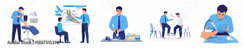 Podiatry specialist services illustration set: foot examination, anatomy diagram, custom orthotics, physiotherapy, and minor nail treatment.
