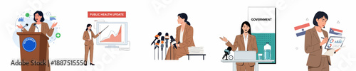 Female Government Spokesperson and Politician Communication Set: Public Health Update, Press Conference, and Policy Briefing Illustrations.