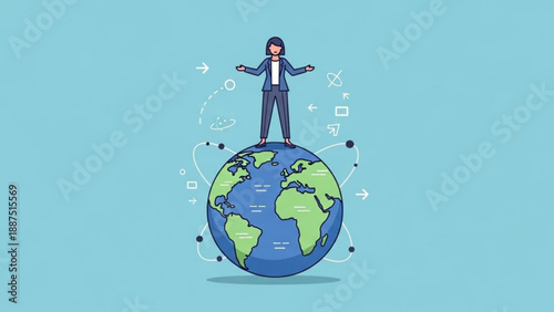Businessman Standing on Globe Symbolizing Global Success